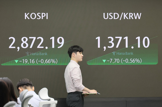 A screen in Hana Bank’s trading room in central Seoul shows the Kospi opening on Friday. [YONHAP]