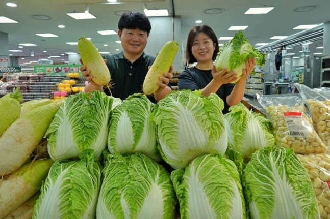 롯데마트·슈퍼는 채솟값 상승에 따른 소비자 부담을 덜기 위해 시세보다 평균 30%가량 저렴한 상생 배추, 무, 깐마늘을 판매한다. [사진 = 롯데마트]