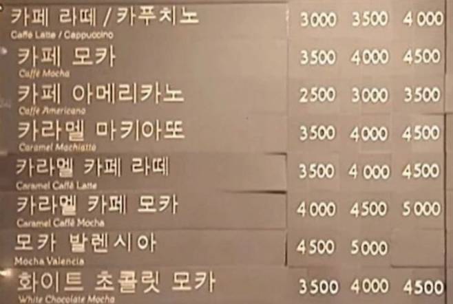 1999년 스타벅스의 메뉴판[이미지출처=사회관계망서비스(SNS) 캡처]