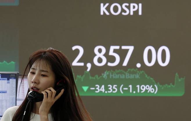 코스피가 전 거래일보다 1.19% 하락한 지난 12일 오후 서울 중구 하나은행 딜링룸 전광판에 지수가 표시되고 있다. 사진=뉴시스