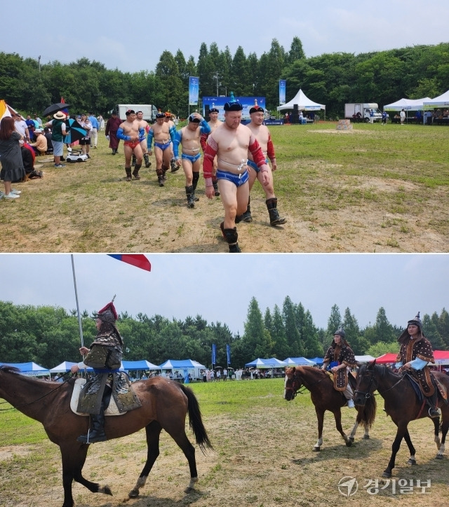 지난 13일 파주 신촌동 LH운동장에서 열린 ‘2024 파주몽골나담축제’에서 몽골 전통씨름선수단과 기수단이 입장하고 있다. 김요섭기자