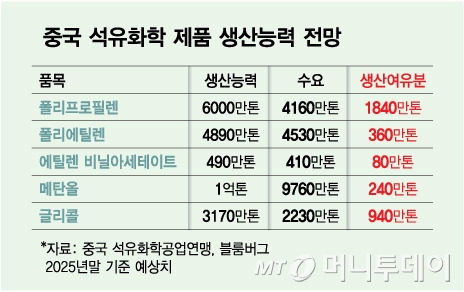 중국 석유화학 제품 생산능력 전망/그래픽=김다나