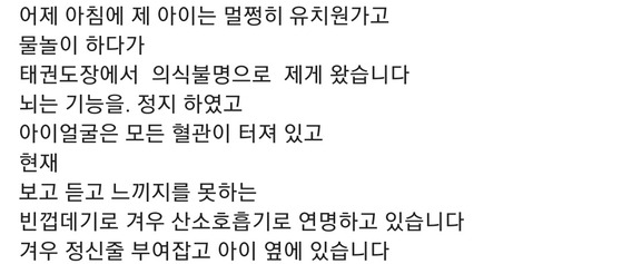 지난 12일 오후 경기 양주시의 한 태권도장에서 5살짜리 남아 아이가 심정지 상태로 병원으로 옮겨졌다. 피해 아이의 어머니가 소셜미디어에 쓴 글 중 일부. 〈사진=JTBC〉