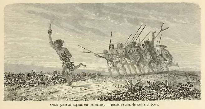 Amok_(effet_de_l’opium_sur_les_Malais)._Wood_cut,_1864,_drawing_by_de_Molins_and_Doerr._Illustr._to_De_Molins,_Voyage_a_Java_1858–1861_from_Le_tour_du_monde_nouveau_journal_des_voyages_Volume_10.jpg 특정 문화권의 사람들에게만 발병하는 정신병, 문화고유장애.jpg 특정 문화권에서만 발생하는 정신병