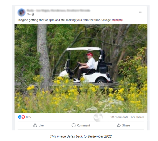 트럼프 전 대통령이 총격 다음날 아침 직접 카트를 몰고 있는 것으로 설명된 사진. AAP 기사 캡처