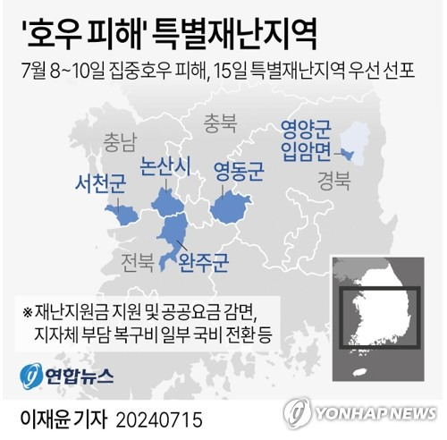 [그래픽] '호우 피해' 특별재난지역 (서울=연합뉴스) 이재윤 기자 = 윤석열 대통령은 15일 집중호우 피해가 발생한 충북 영동군, 충남 논산시·서천군, 전북 완주군, 경북 영양군 입암면을 특별재난지역으로 우선 선포했다.
    yoon2@yna.co.kr
    X(트위터) @yonhap_graphics  페이스북 tuney.kr/LeYN1