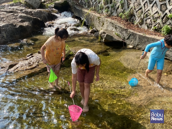 엄마아빠가 일하는 사이 정릉천에서 함께 물놀이하며 자연을 만끽하는 아이들. ⓒ다리메이커