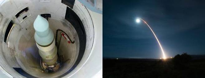대륙간탄도미사일(ICBM) 미니트맨은 핵전쟁시 생존성을 높이기 위해 사일로에 보관·발사된다(왼쪽). 탄두는 W62, W78, W87 탄두를 사용한다. W62 탄두는 2010년 퇴역했다. W78 탄두는 335~350Kt 위력을 낼 수 있다. W87은 300Kt 위력을 낼 수 있으며 최대 3발의 탄두를 탑재할 수 있다. 미니트맨-3 발사 장면(오른쪽) 미국 공군 지구권타격사령부(AFGSC)가 2021년 8월 11일(현지시간) 밤 12시 53분 반덴버그 공군기지에서 탄두를 장착하지 않은 미니트맨-3을 시험 발사했다. 미 공군은 이번 시험발사가 세계 정세나 지역 긴장에 대한 대응이 아닌 정례적인 시험 발사라고 설명했다. 사진=AFGSC 홈페이지 캡처