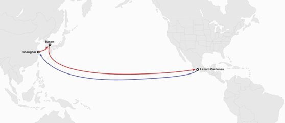 HMM은 15일 멕시코로 향하는 FLX(Far East Latin America Express) 컨테이너서비스를 신규 개설했다고 밝혔다. 사진 HMM