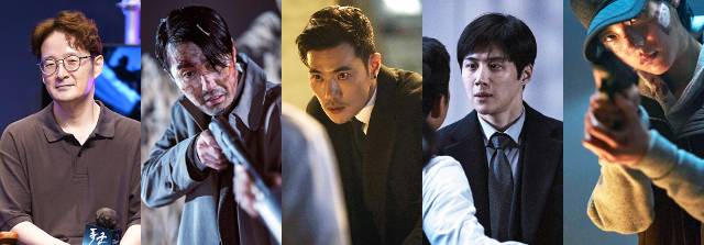 박훈정(왼쪽부터) 감독과 차승원, 김강우, 김선호는 모두 이전에 다른 작품에서 호흡을 맞춘 적이 있다. 이들은 박 감독의 머뭇거림 없는 연출을 매력 포인트로 꼽았다. 새로 발탁된 조윤수(맨 오른쪽)는 극에서 강렬한 존재감을 드러낼 수 있을지 기대감을 모은다.   월트디즈니 컴퍼니   코리아 제공