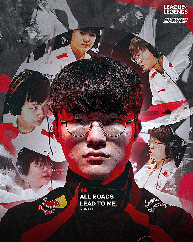 중국 LPL 게임단 TES 5명을 압도하는 한국 LCK T1 주장 페이커 존재감이 표현된 e스포츠 월드컵 리그오브레전드 결승전 홍보 이미지. 사진=ESL Gaming GmbH