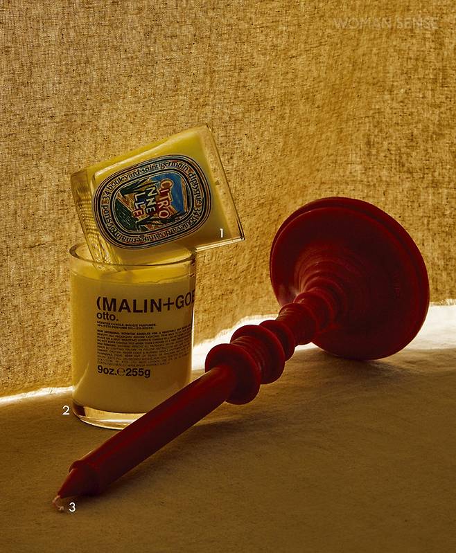 1 딥티크 시트로넬 클래식 캔들 모기를 쫓는 데 도움을 주는 향으로 유명한 레몬그라스. 신선하고 상쾌한 레몬그라스의 플로럴, 그린 노트 향이 기분 좋은 숙면을 돕는다. 190g 9만9천원 2 멜린앤게츠 오토 캔들 모란, 장미, 제라늄의 부드러운 플로럴 노트를 베이스로 심신의 긴장과 스트레스 완화에 효과적인 제라늄 향이 은은하게 풍기는 아로마틱 캔들. 255g 9만5천원 3 로에베 왁스 센티드 캔들홀더 토마토 리프 열매를 맺기 전 줄기의 프레시한 아로마 향기와 그리너리한 향을 담은 캔들. 잠들기 전 고요하고 아늑한 침실 무드를 만들어준다. 330g 20만8천원