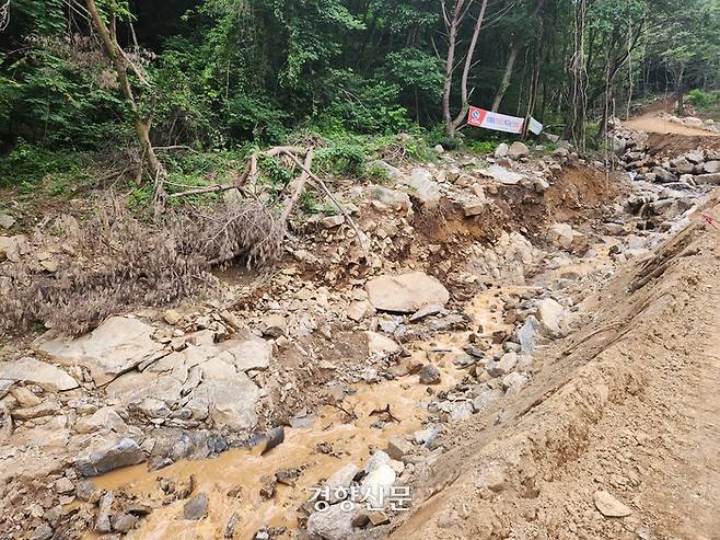 지난해 집중호우로 2명이 숨진 경북 예천군 은풍면 금곡2리 법륜사 옆 계곡의 현재 모습이다.  산사태 흔적이 그대로 남아있다. 오동욱 기자