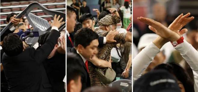 From left, a supporter of candidate Won Hee-ryong is being stopped when he tries to throw away a chair to rival Han Dong-hoon, shouting \