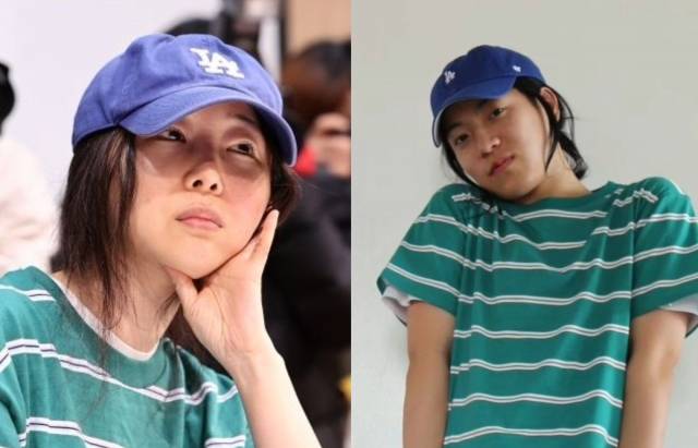 4월25일 기자회견에 나선 민희진(왼쪽) 어도어 대표와 민 대표를 패러디한 의정부고등학교 3학년 졸업사진(오른쪽). 연합뉴스, 의정부고 학생자치회(@uigocouncil_official)