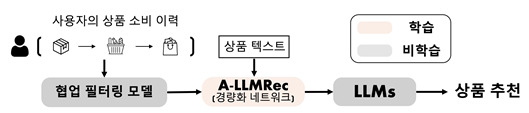 연구팀이 개발한 모델의 개요. 협업 필터링 모델에서 생성되는 사용자-상품 상호작용 정보와 상품 텍스트 정보를 결합하여 대형언어모델에 주입하는 방식으로 상품 추천을 진행한다. 이를 통해 기존 연구보다 빠른 학습/추론 속도를 달성, 상품 추천의 정확도를 향상시켰다.[KAIST 제공]