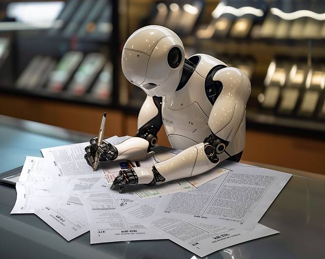 AI 로봇이 수능 시험지를 풀고 있는 모습. 이미지 생성 AI 미드저니가 그렸다. ⓒ미드저니 생성 이미지