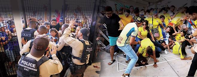 코파 아메리카 2024 대회가 부실한 운영으로 비판을 받고 있다. 결승전이 치러진 지난 15일 하드록스타디움 관중 입장 통제에 실패하며 관중들이 출입구로 밀려들거나(왼쪽) 바리케이트를 넘어서며 한데 엉켜 쓰러지고 있다. 마이애미 | USA투데이스포츠연합, 게티이미지 코리아