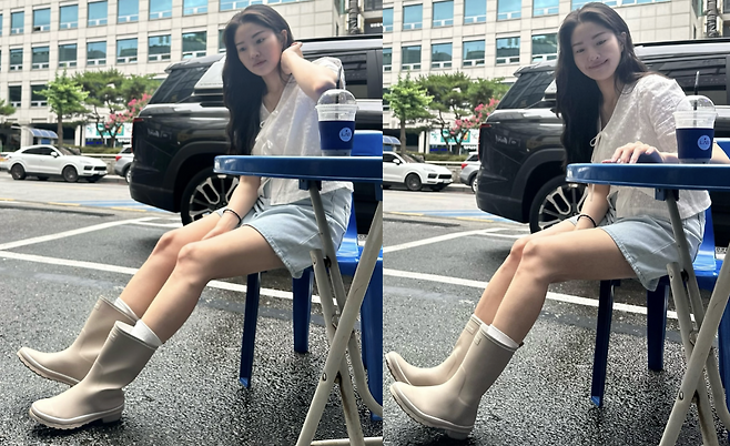 장마철 패션룩 류이서의 미원피스&레인부츠 코디