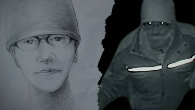 SBS '그것이 알고싶다'에서 복원한 고 구하라 금고털이범 용의자 몽타주(왼쪽), 2020년  1월 14일 구하라 자택에 침입한 용의자의 모습. /SBS