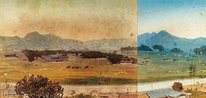 서울시립대 박물관이 소장한 1890년대 경희궁의 모습 작품. 1617년 착공해 3년 만에 완공된 경희궁은 1865년 시작된 경복궁 중건에 쓰기 위해 전각 등이 해체돼 숭정전, 자정전, 회상전 등만 남았다. 이후 일제 강점기인 1920년대를 지나며 남아 있던 건물은 민간에 매각되거나 이전되며 뿔뿔이 흩어져 없어졌다. 서울시는 이 경희궁 일대에 서울광장의 10배 규모 역사문화공원을 조성할 계획이다. 서울시 제공