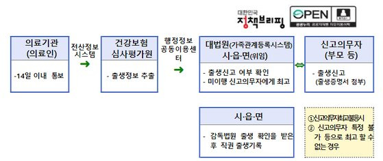 출생통보제 흐름도. 보건복지부