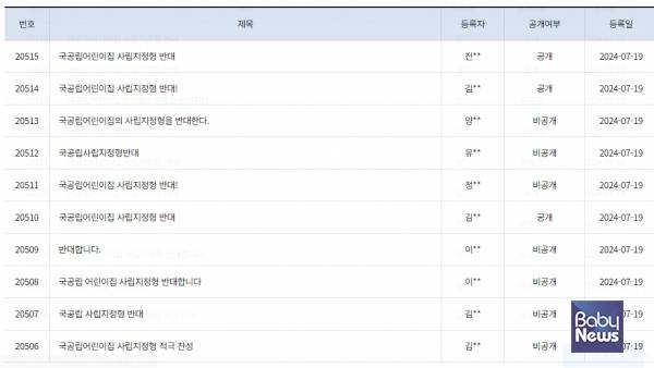 교육부 유보통합 생각함에는 국공립어린이집의 사립지정형 전환에 대해 반대글이 도배되고 있다. ⓒ교육부