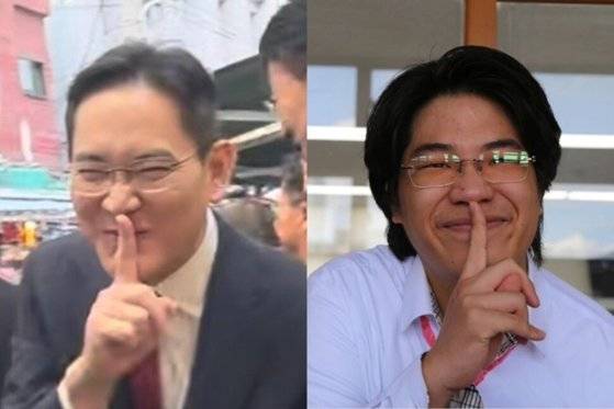 지난해 12월 부산 전통시장에서 찍힌 이재용 삼성전자 회장(왼쪽)과 이를 따라한 의정부고 학생. 사진 온라인 커뮤니티, 의정부고 자치회 인스타그램