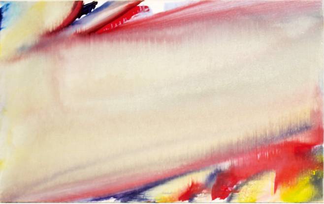 올리비에 드브레의 ‘루아르의 흘러내리는 황토색과 붉은 얼룩’(1987). 루아르강의 심상을 옮긴 추상적 풍경화의 대표작으로 꼽힌다.  수원시립미술관 제공