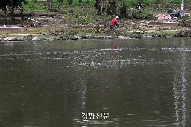 19일 서울 동대문구 이화교 인근 중랑천에서 작업자들이 불어난 하천에 떠내려온 부유물을 정리하고 있다.