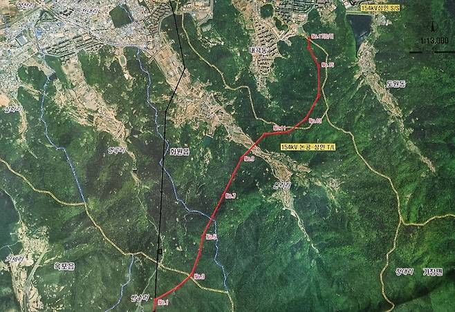 154kV 초고압 상인-논공 간 송전(탑)선로 건설 계획도.[한전 제공]