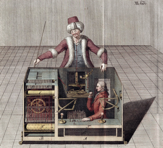 1789년 요제프 라크니츠의 ‘기계 투르크인’(The Mechanical Turk) 상상도. 이 기계는 체스를 두는 자동인형으로 큰 화제가 되었지만, 실제는 아주 작은 사람이 상자에 들어가 있는 속임수였다. 지은이는 추천 알고리즘을 “기계 투르크인의 최신판”이라 말한다. [사진 미래의창]