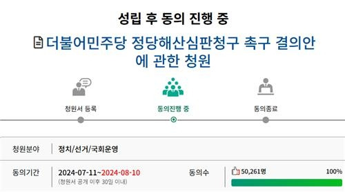 ▲ '더불어민주당 정당해산심판 청구 촉구 결의안' 청원 [국민동의청원 홈페이지 캡처]