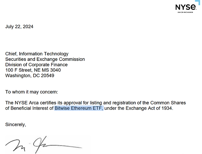 비트와이즈 이더리움 현물 ETF 출시 공식 승인 문서. 뉴욕증권거래소 갈무리.