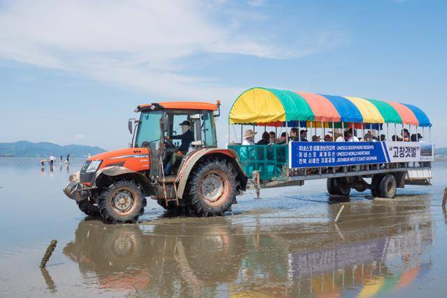 몬스터갯벌트럭이 만돌갯벌체험학습장의 드넓은 갯벌을 누비고 있다. 한국관광공사 제공