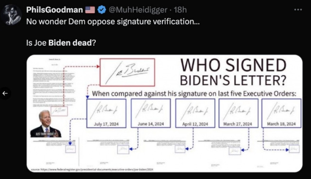 바이든 대통령의 사인이 틀렸다며 생존을 의심하는 트윗. 엑스(옛 트위터) 캡처