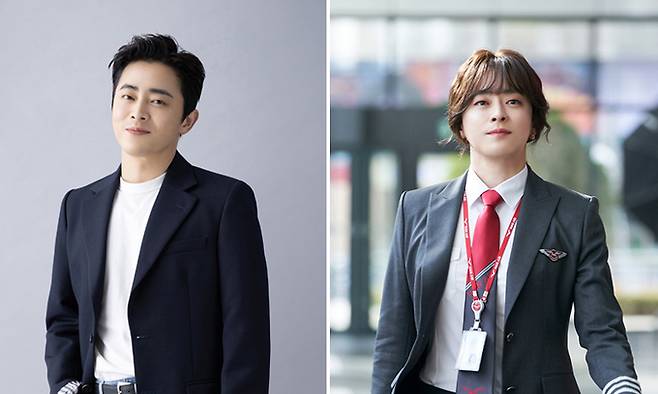 배우 조정석이 여장남성을 연기한 영화 ‘파일럿’은 한 남성의 성장담에 직장 내 성차별과 직장인의 애환을 녹였다. 오른쪽 사진은 영화 속 여장한 조정석.&nbsp;롯데엔터테인먼트·잼엔터테인먼트 제공