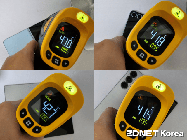 젠레스 존제로 게임 실행 20분과 40분 후 플립6(위쪽)와 폴드6 기기 온도 (사진=지디넷코리아)