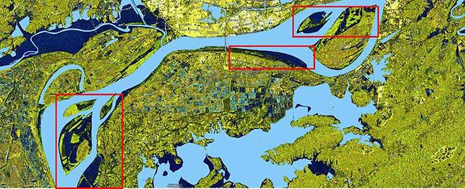 2024년 7월 2일 안후이성 Anqing 지역 SAR 영상(컬러화) / 출처 : Sentinel-1 data: © ESA