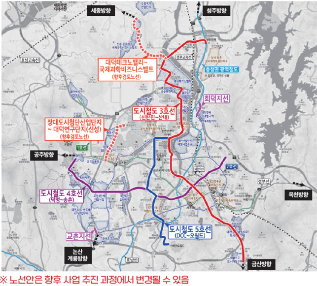 대전 도시철도 3·4·5호선 신규 노선 구축안. 대전시 제공