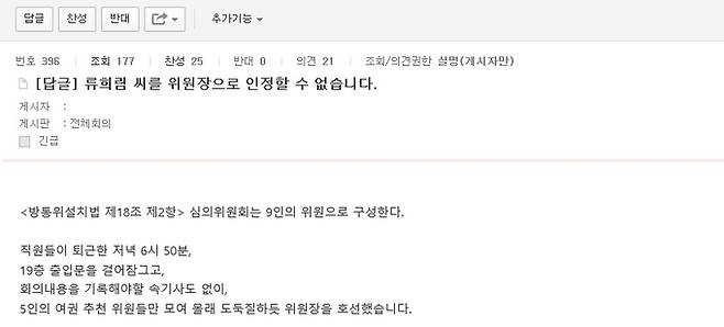 24일 오전 8시45분 방송통신심의위원회 내부망에 올라온 게시글. 직원이 이름을 밝힌 부분은 지웠다.