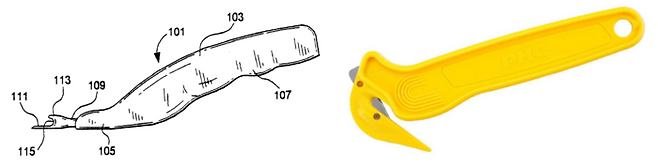 해외에서 랩칼과 같은 목적과 외형의 물건은 찾아보기 힘들다. 왼쪽부터 미국 특허 US5896667A 플라스틱 랩 제거기(제니퍼 호킨스, 1999년)와 안전 칼. 북미 지역에서 ‘안전 칼(safety cutter)’ 등의 이름으로 판매되는 도구. 포장 상자의 테이프, 끈, 비닐 포장 등을 벗길 때 쓸 수 있다고 명시돼 있다. “금속 칼날이고 뭐고 난 신경 안 써”라며 음식 랩 벗길 때 쓰는 용자도 있겠지만, 나라면 안 그러겠다. [사진 출처=아마존]