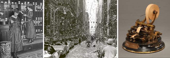 좌측부터 티커 테이프를 확인해 주식 시세표에 표시하고 있는 직원들, 티커 테이프 퍼레이드, 에디슨이 개량해 선보인 티커 테이프 기기 Uiversal Stock Ticker. 가운데 행진은 아폴로 11호 우주비행사 일행을 환영하기 위한 시카고 티커 테이프 퍼레이드로, 건물에서 비처럼 쏟아지고 있는 것이 바로 티커 테이프다. 미화원의 깊은 분노가 시공간을 초월해 느껴진다.  [사진 출처=공공 저작물, NASA, 헨리 포드 컬렉션]