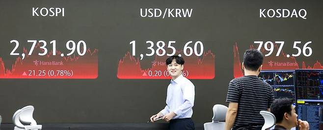 26일 오후 서울 중구 하나은행 딜링룸 전광판에 코스피·코스닥지수, 원·달러 환율 종가 등이 표시돼 있다. ⓒ뉴시스