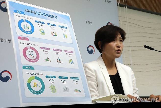 2023년 인구주택총조사 결과는 (세종=연합뉴스) 배재만 기자 = 통계청 김서영 인구총조사과장이 29일 오전 정부세종청사에서 2023년 인구주택총조사(전수) 결과를 발표하고 있다. 2024.7.29 scoop@yna.co.kr