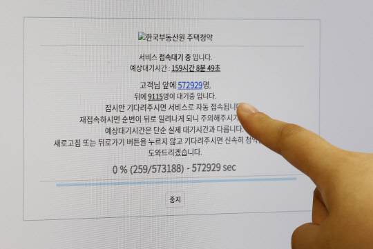 '로또 청약' 일정이 맞물리면서 청약 홈페이지가 마비된 29일 한국부동산원 '청약홈' 홈페이지에 대기자 수가 표시되고 있다.  <연합뉴스>