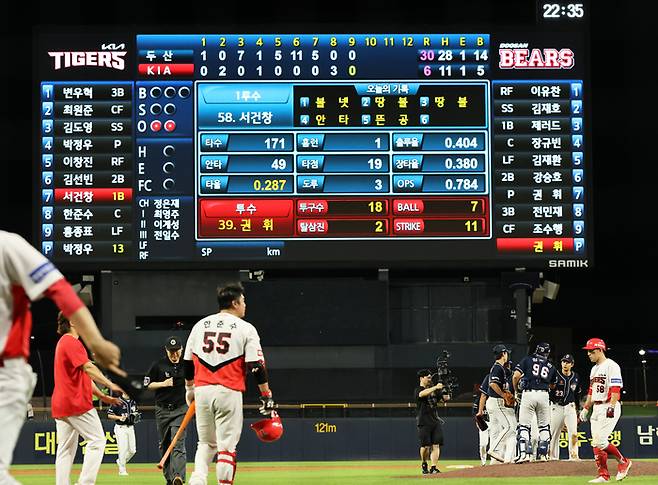 31일 광주기아챔피언스필드에서 열린 프로야구 두산 베어스와 KIA 타이거즈의 경기. KBO 역대 최다득점을 기록하며 30-6으로 KIA를 누른 두산 선수들이 승리 세리머니하고 있다. 사진 | 광주=연합뉴스