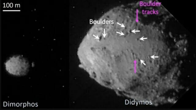 NASA DART 우주선, JAXA 하야부사 우주선, NASA 오시리스-렉스가 수집한 데이터로 구성된 디디모스와 디모르포스의 이미지 (출처=A. Duchene과 C. Robin(ISAE-SUPAERO))