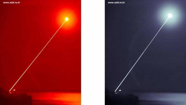 한국형 레이저대공무기 블록-I의 발사 모습을 근적외선 촬영장비로 찍어 색을 입힌 모습. 국과연 제공