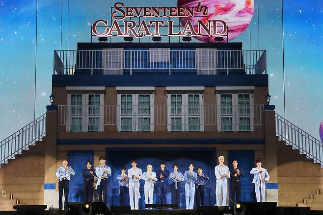 K-pop sensation Seventeen performs during a fan meeting at Gocheok Sky Dome in Seoul on July 24. (Pledis Entertainment)